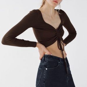Zara | Ribbed Tie Front Crop Top Size M Brown